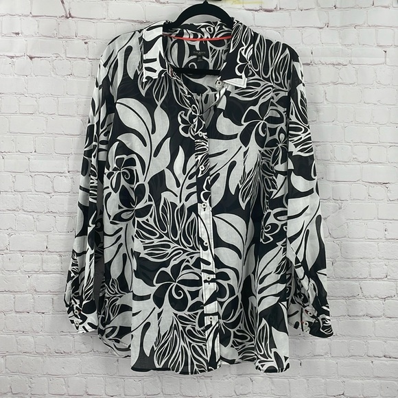 Talbots Tops - Talbots Plus Size 2x Black And White Patterned Sheer Shirt Long Sleeve Button Up